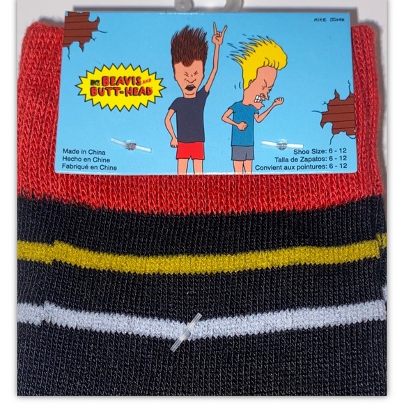 Beavis & Butt Head Crew Socks 2 Pair Men 6-12 Black Red Faces & Burger World NEW - Picture 2 of 9